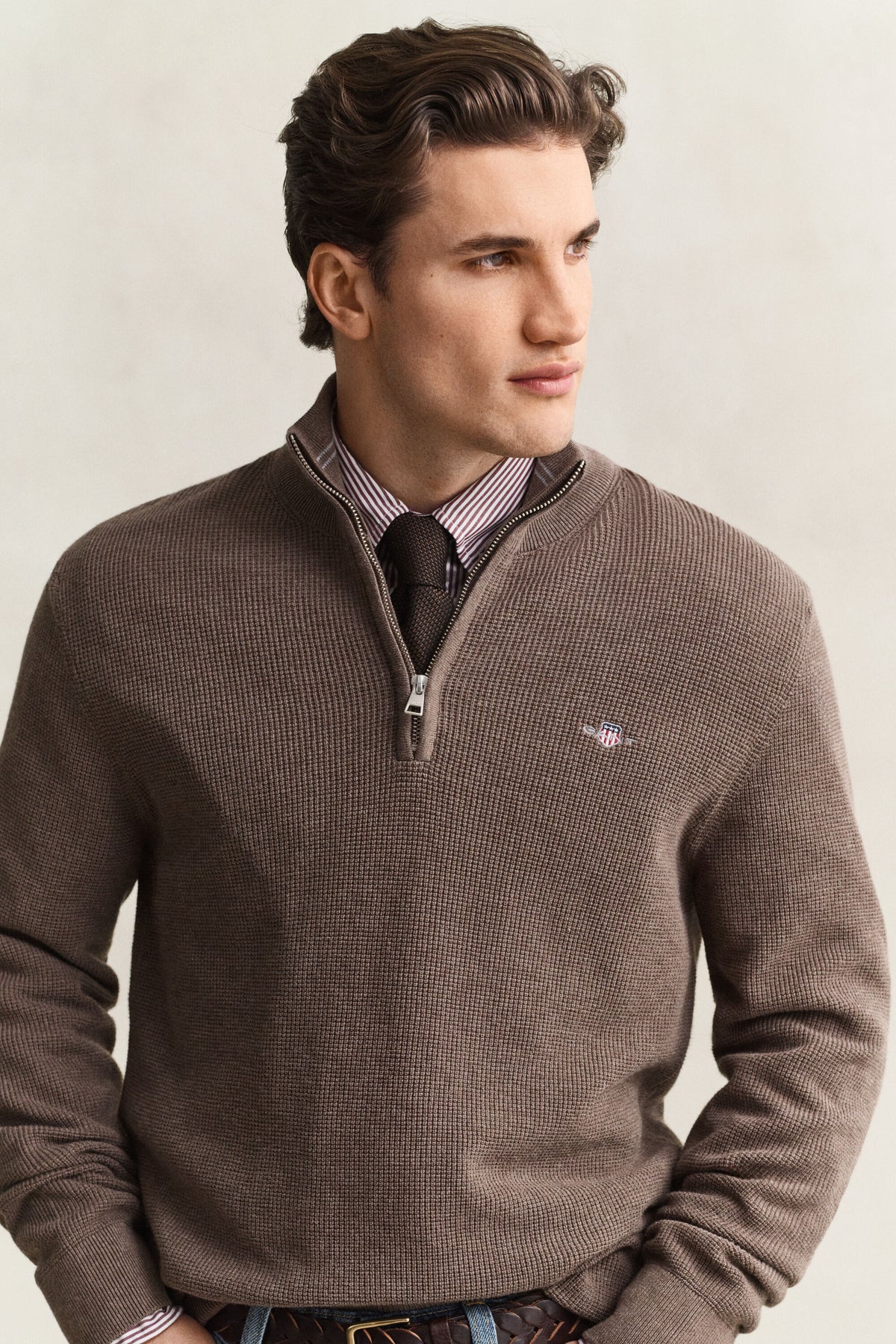 GANT Textured Cotton Half-Zip Sweater - Dark Hazelnut Melange time__1773414914__202602-8030292-294-crmodel-fv-1