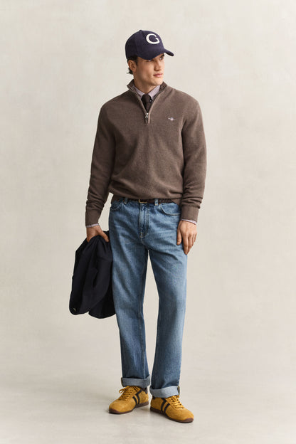 GANT Textured Cotton Half-Zip Sweater - Dark Hazelnut Melange time__1773414914__202602-8030292-294-look-fv-1