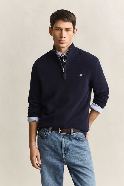 GANT Textured Cotton Half-Zip Sweater - Evening Blue time__1773670509__202602-8030292-433-model-fv-1