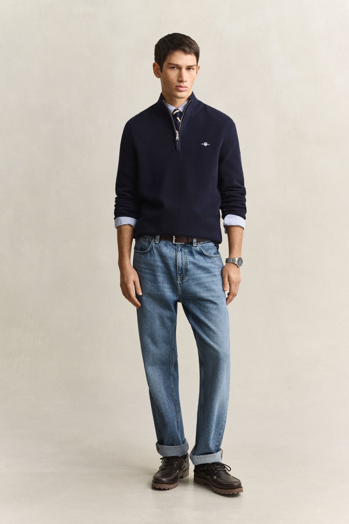 GANT Textured Cotton Half-Zip Sweater - Evening Blue time__1773670510__202602-8030292-433-look-fv-1