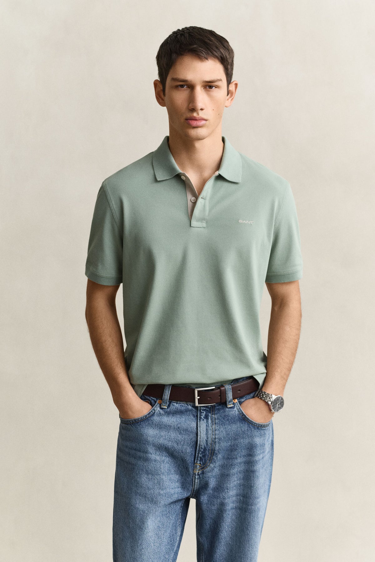 GANT Contrast Piqué Polo Shirt - Surplus Mint time__1773670516__202602-2062026-308-model-fv-1