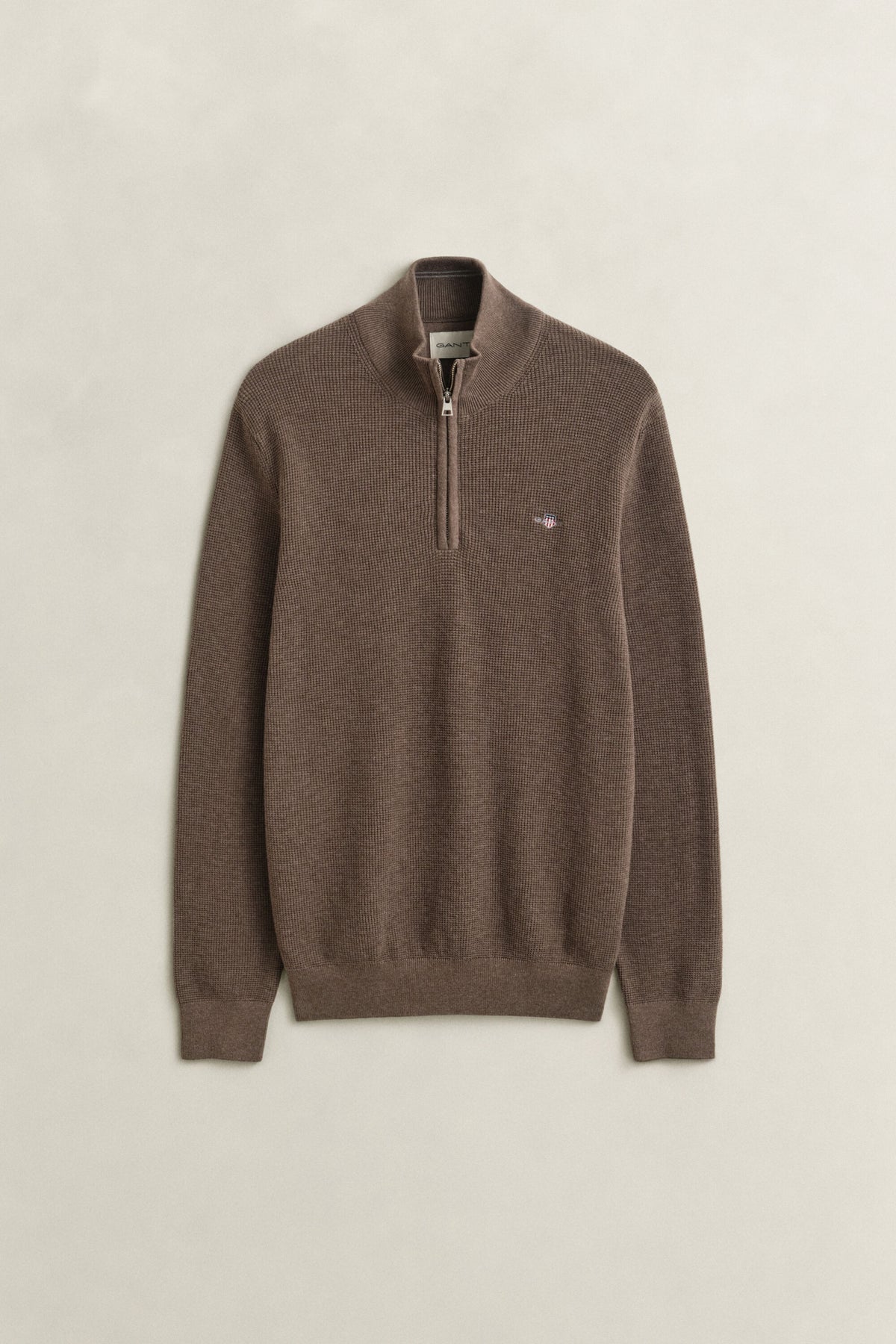 GANT Textured Cotton Half-Zip Sweater - Dark Hazelnut Melange time__1773940231__202602-8030292-294-flat-fv-1