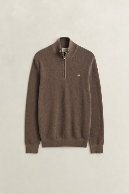 GANT Textured Cotton Half-Zip Sweater - Dark Hazelnut Melange time__1773940231__202602-8030292-294-flat-fv-1