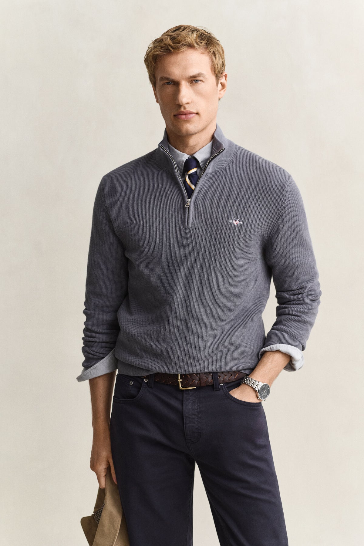 GANT Textured Cotton Half-Zip Sweater - Mid Grey time__1774968912__202602-8030292-038-model-fv-1