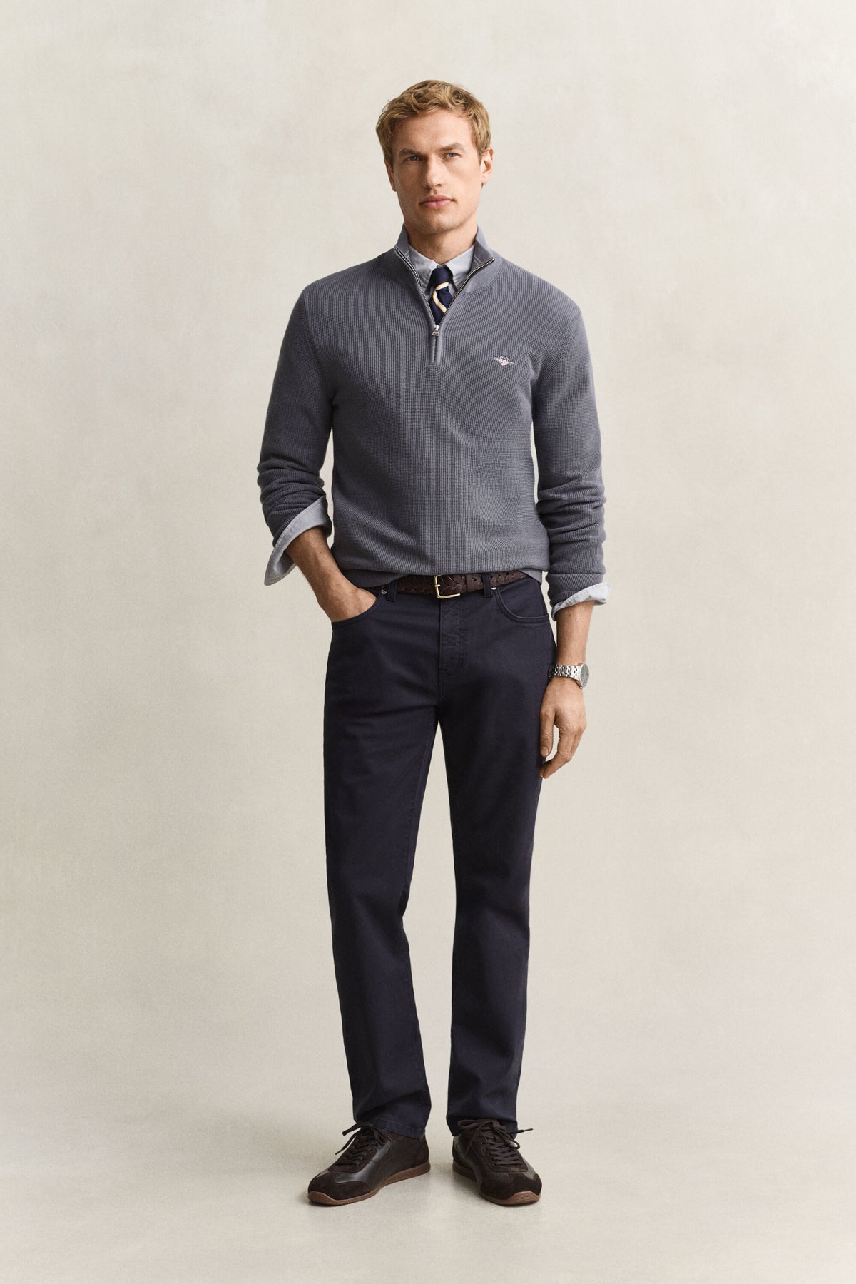GANT Textured Cotton Half-Zip Sweater - Mid Grey time__1774968913__202602-8030292-038-look-fv-1