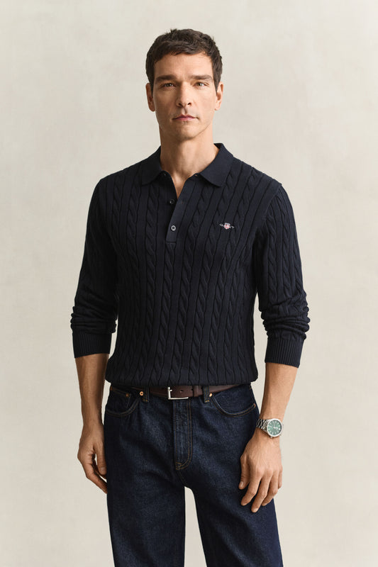 GANT Cotton Cable Knit Polo Sweater - Evening Blue time__1775744110__202602-8050616-433-model-fv-1