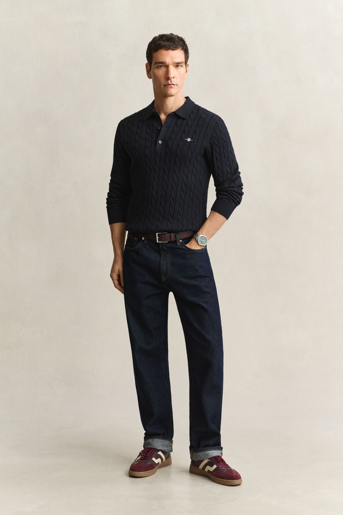 GANT Cotton Cable Knit Polo Sweater - Evening Blue time__1775744111__202602-8050616-433-look-fv-1