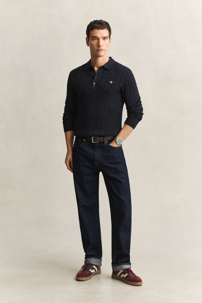 GANT Cotton Cable Knit Polo Sweater - Evening Blue time__1775744111__202602-8050616-433-look-fv-1