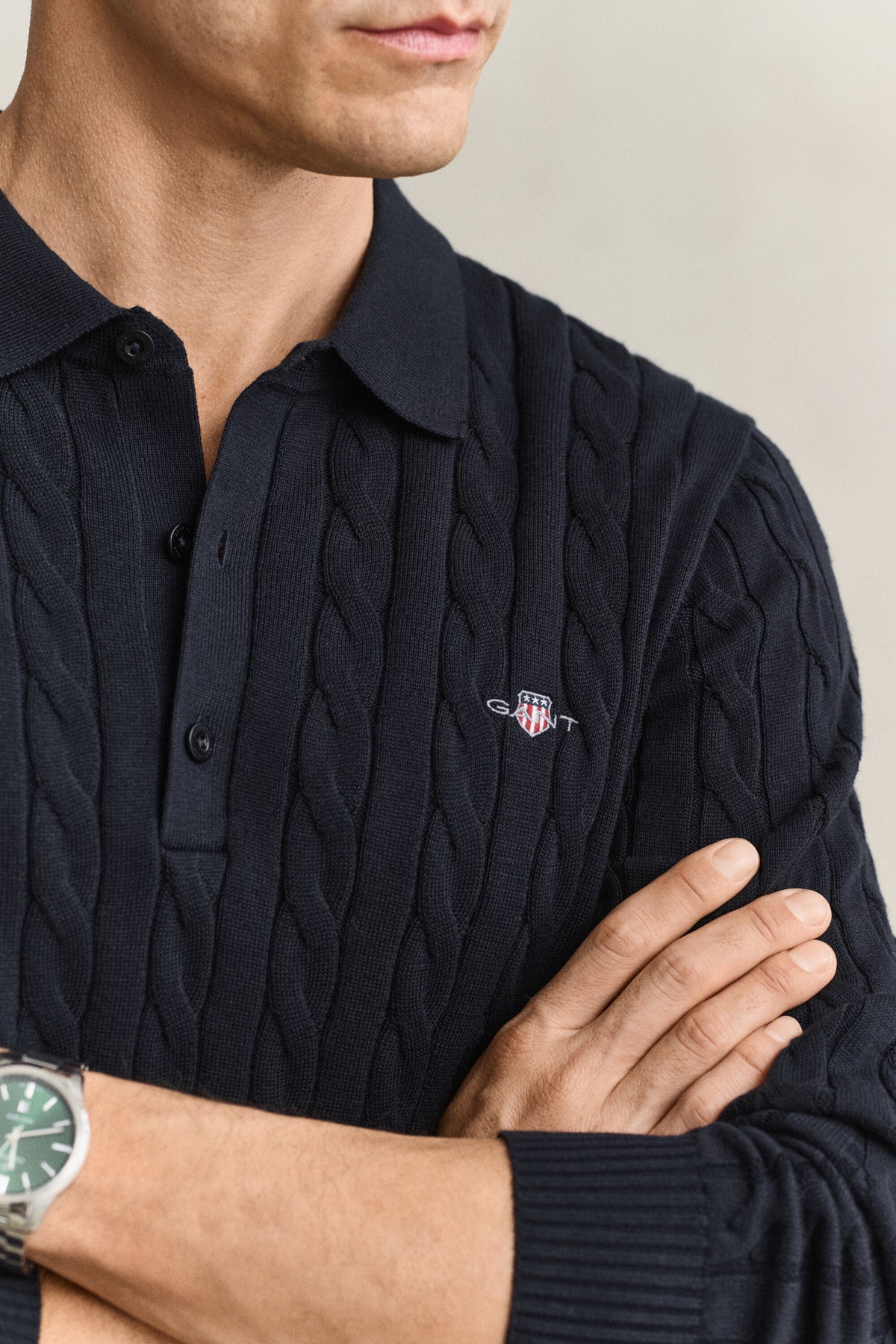 GANT Cotton Cable Knit Polo Sweater - Evening Blue time__1775744112__202602-8050616-433-crmodel-fv-1