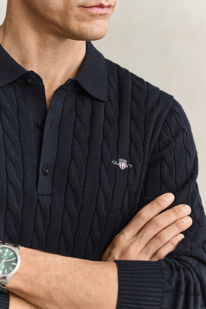 GANT Cotton Cable Knit Polo Sweater - Evening Blue time__1775744112__202602-8050616-433-crmodel-fv-1