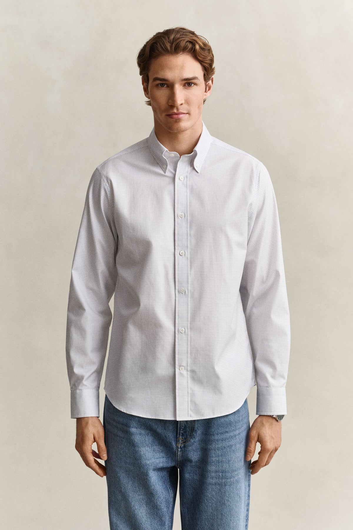GANT Checked Twill Dress Shirt - White time__1775837112__202602-3262035-110-model-fit-1