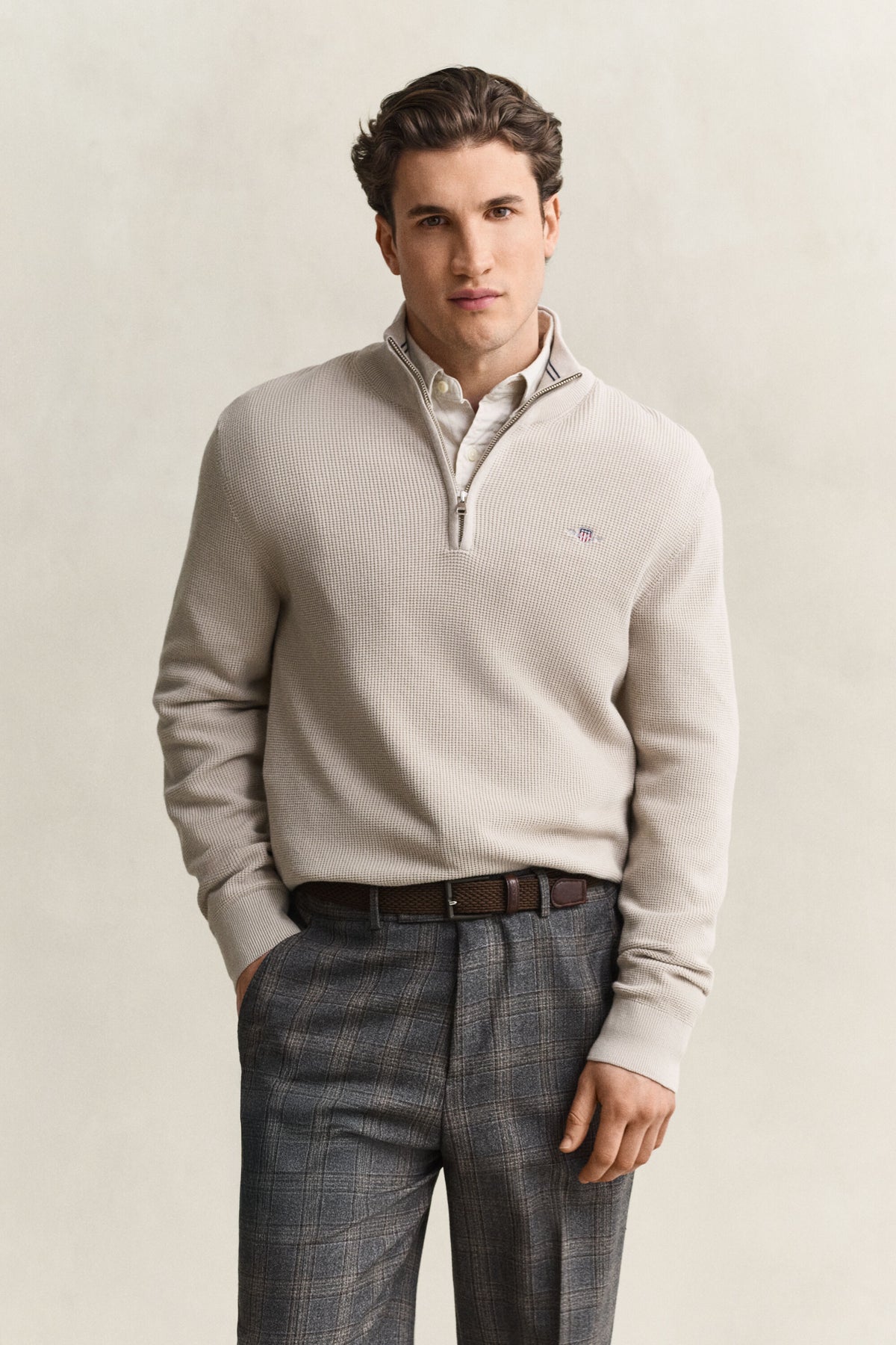 GANT Textured Cotton Half-Zip Sweater - Clay Beige time__1776351907__202602-8030292-215-model-fv-1