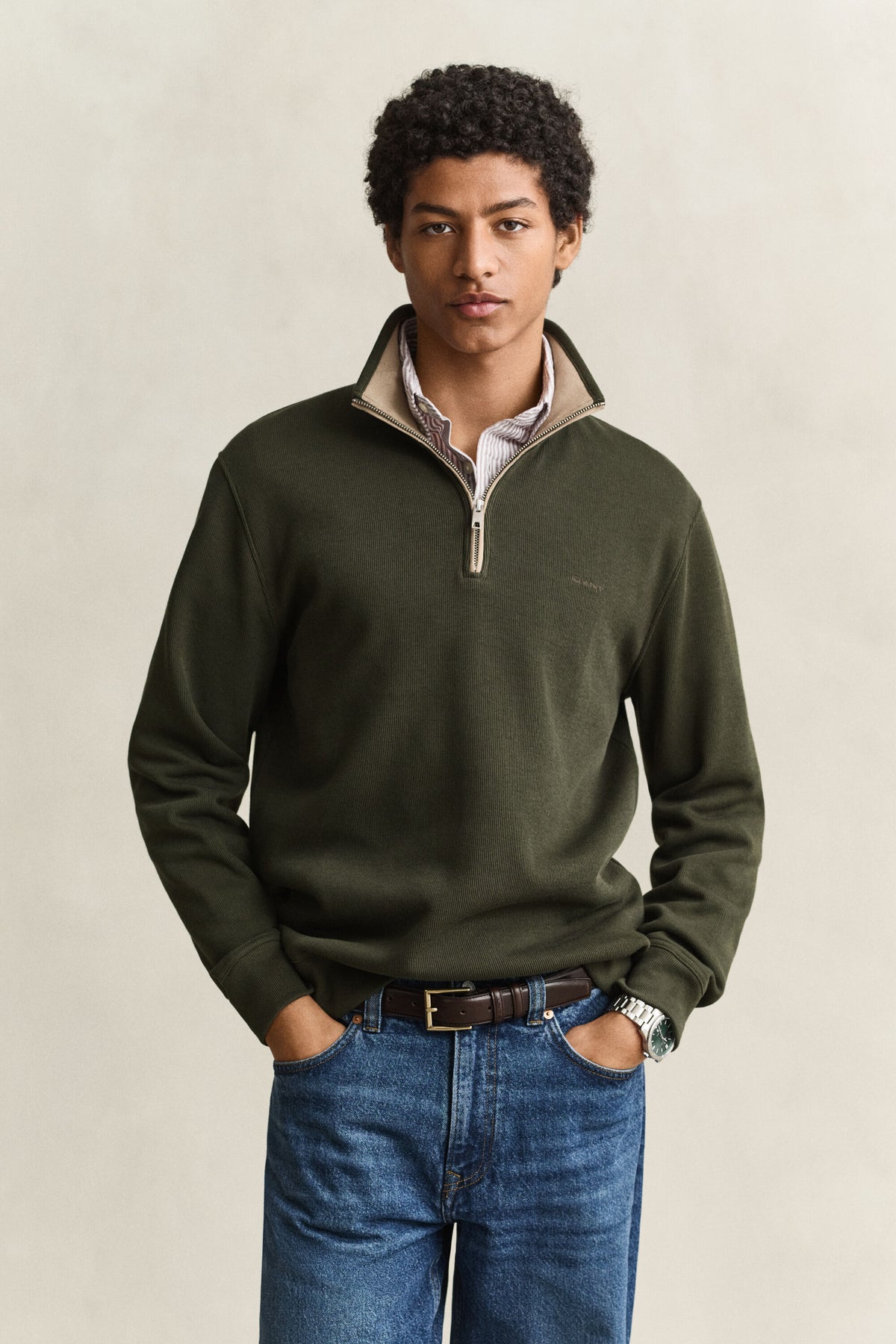GANT Sacker Rib Half-Zip Sweatshirt DARK MOSS GREEN time__1778144415__202603-2067160-368-model-fv-1