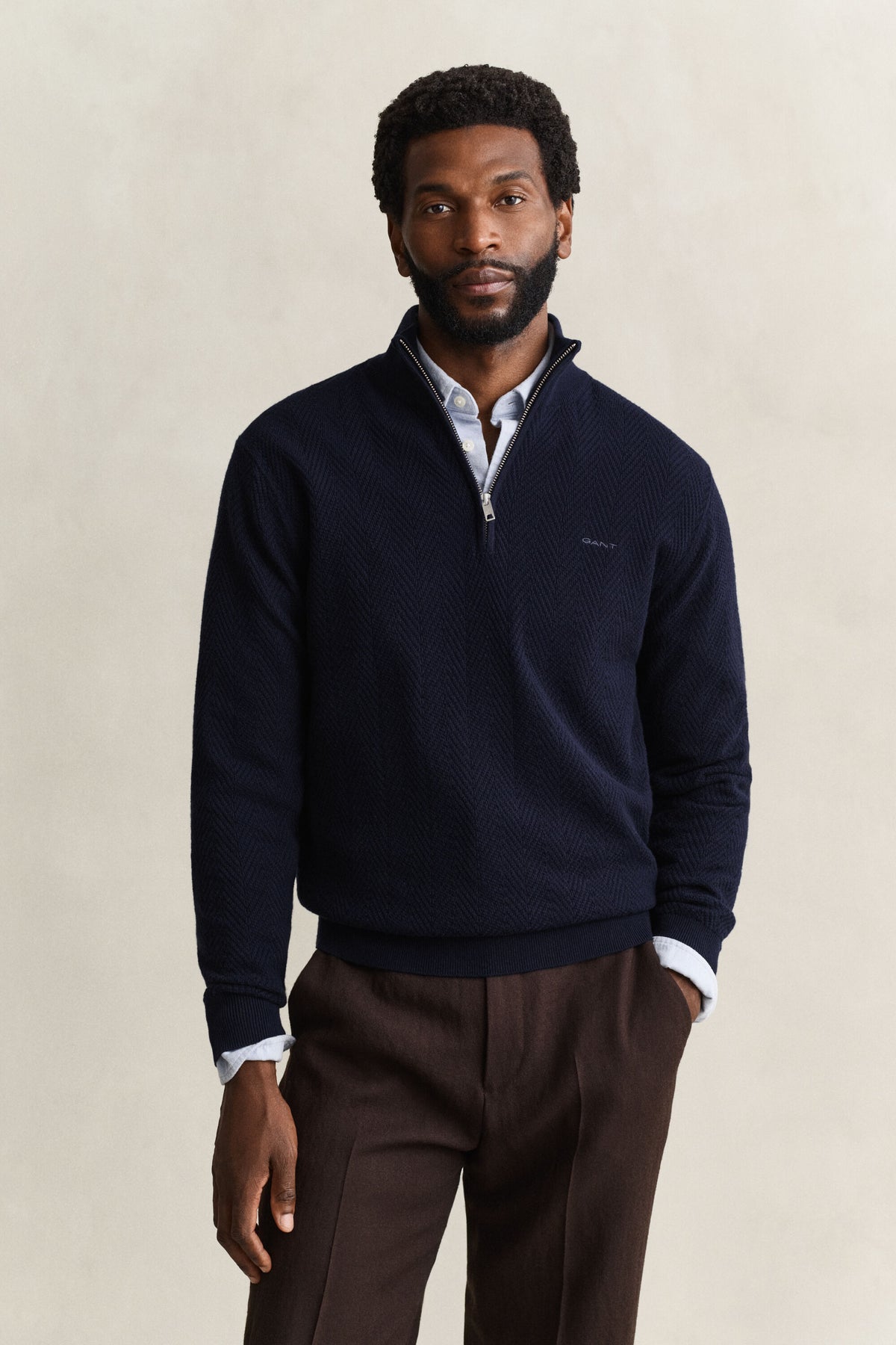GANT Herringbone Half-Zip Sweater - Evening Blue time__1783071011__202603-8050333-433-model-fv-1